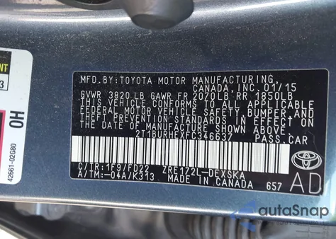 2015 Toyota Corolla L/Le/Le Pls/Prm/S/S Pls из США, поврежденный, VIN 2T1BURHEXFC346637